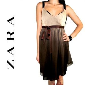ZARA brown silk ribbon mini cocktail party dress M